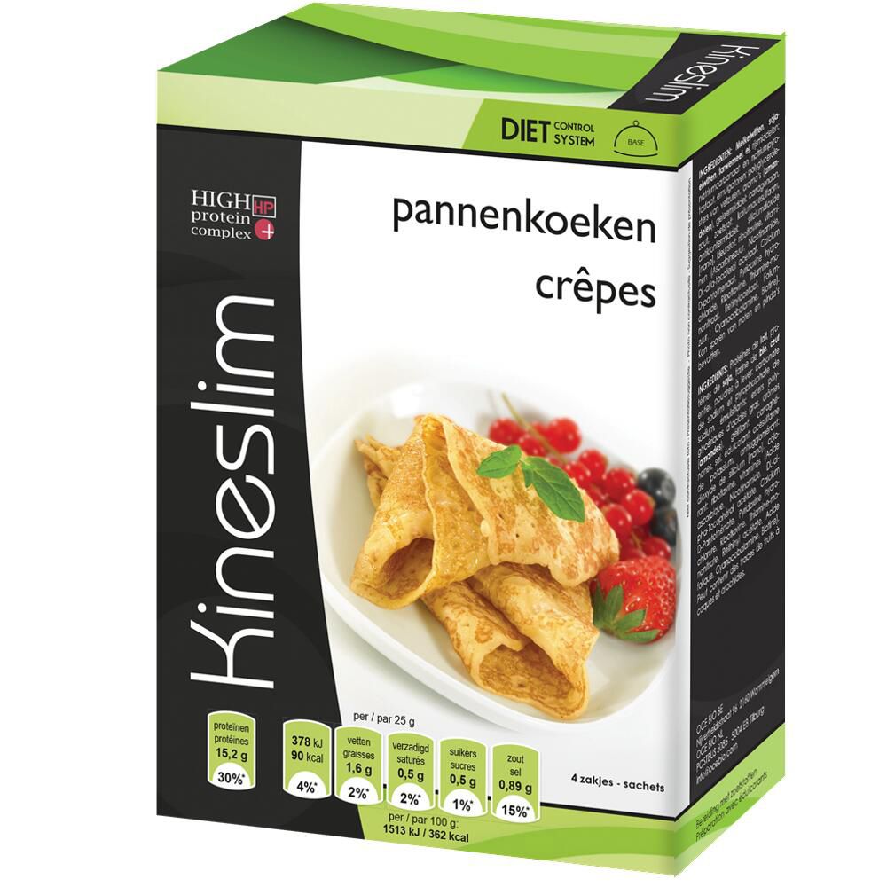 Kineslim-verpakking met crêpes. Opschrift: High Protein Complex. 4 zakjes. Groen-witte verpakking.