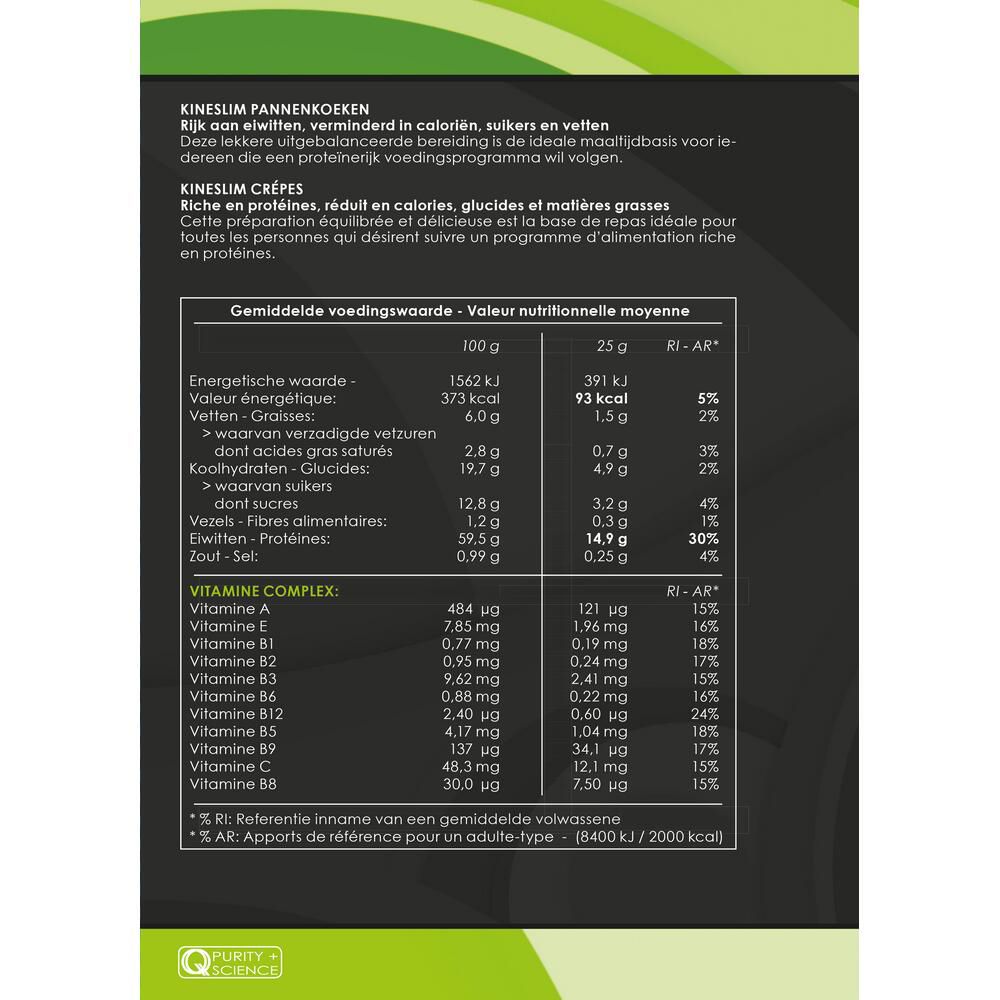 Achterkant van de Kineslim-verpakking. Tekst in het Nederlands en Frans. Voedingswaarde-informatie en vitaminecomplex.