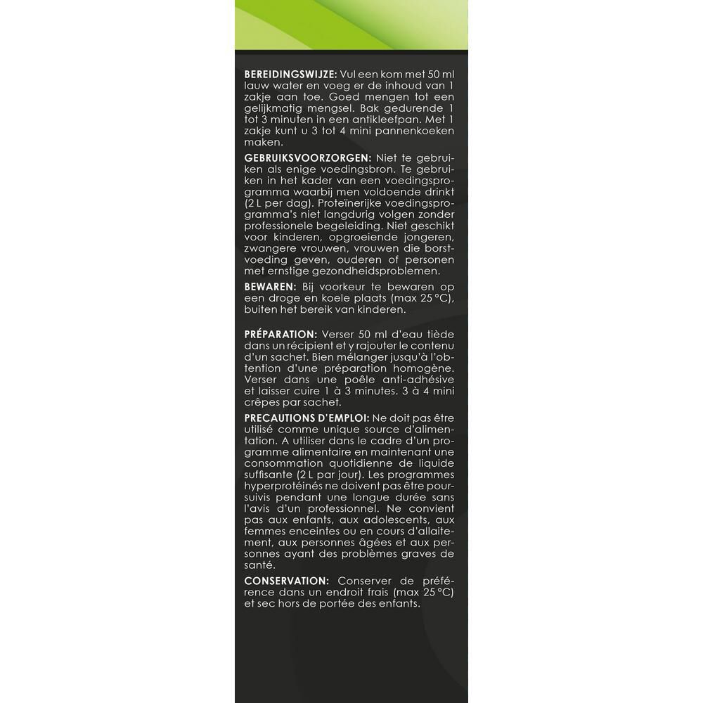 Kineslim-verpakking met bereidingsinstructies en voorzorgsmaatregelen. Tekst in het Nederlands en Frans.