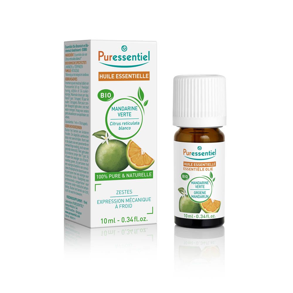 Flacon en verre brun et bouchon blanc, avec boîte. Huile Essentielle Bio Mandarine Verte. 10ml.