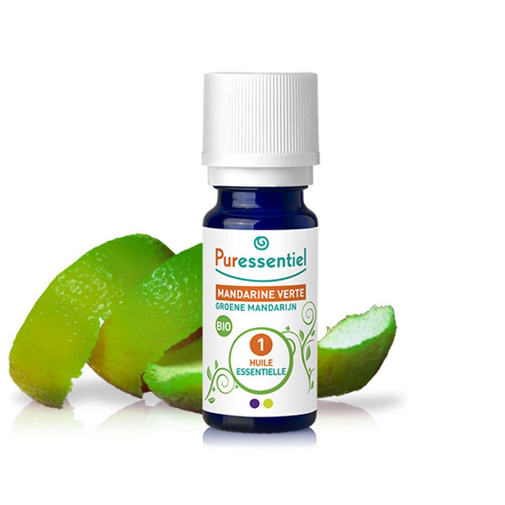 Flacon brun et bouchon blanc. Huile Essentielle Bio Mandarine Verte. Cercle vert avec 1. Écorce de mandarine.