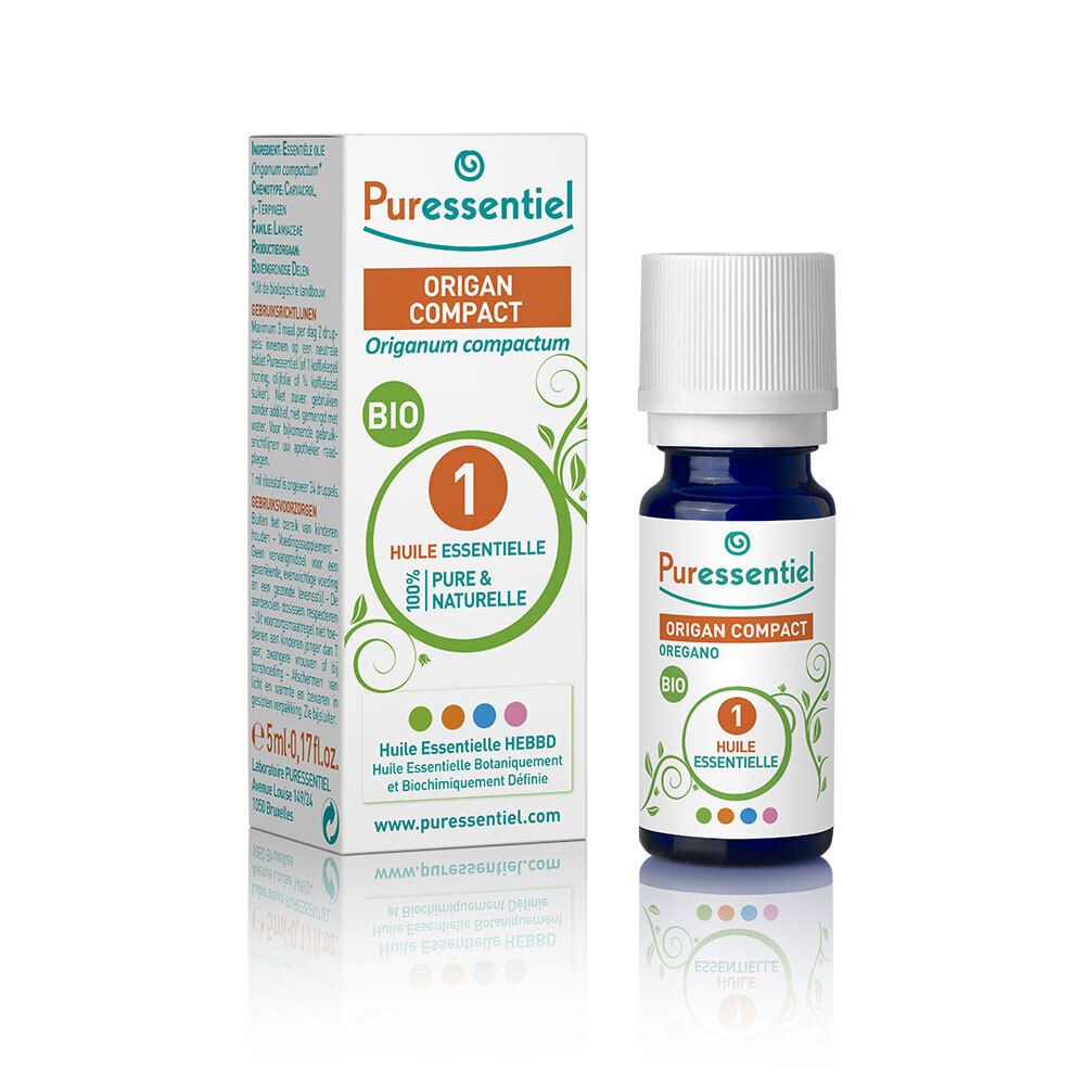 Flacon d'huile essentielle et emballage. Inscription : Puressentiel, Origan Compact, Bio. Certification verte.