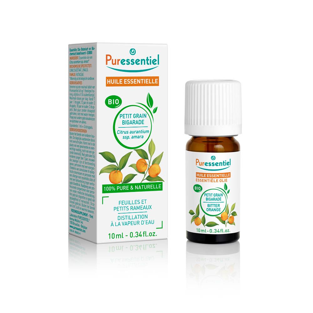 Flacon en verre brun et étui. Inscription: Huile Essentielle, Petit Grain Bigarade, Bio. 10 ml.