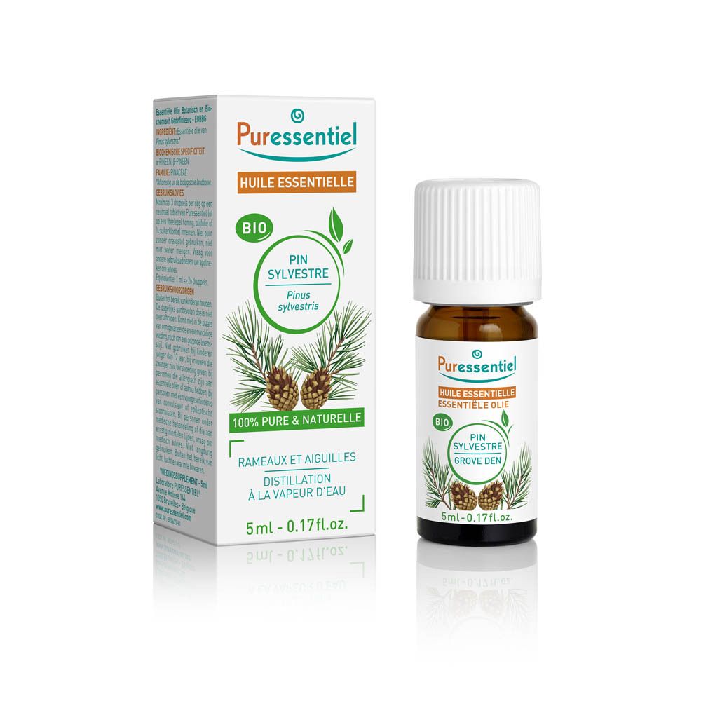 Flacon et boîte marron. Inscription: Puressentiel, Huile Essentielle Pin Sylvestre Bio. 5ml-0.17 fl.oz.