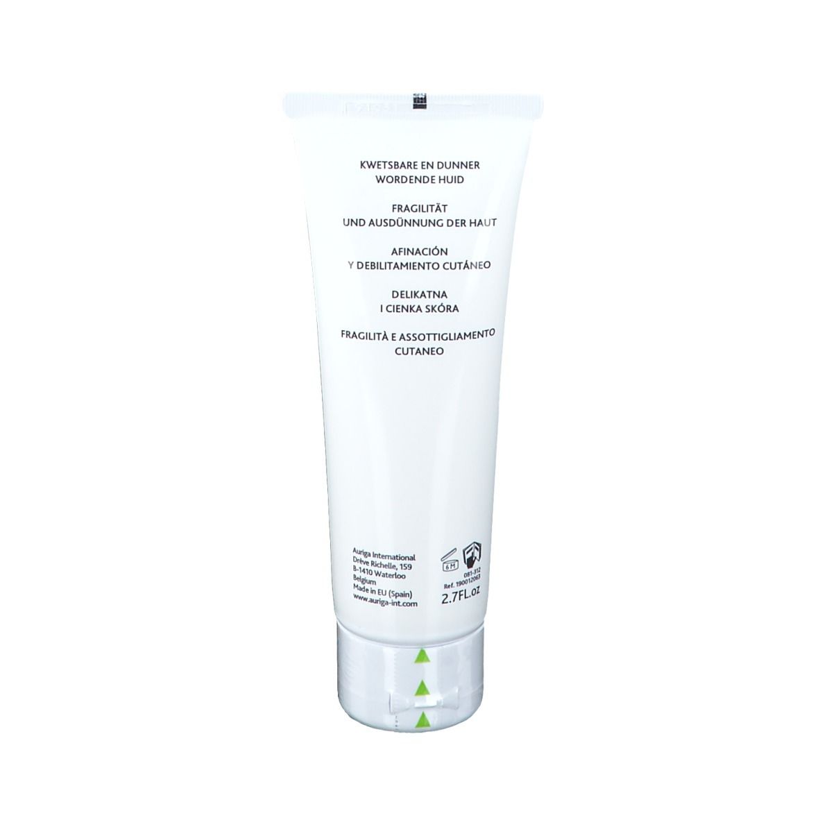 Dos d'un tube blanc. Texte multilingue: 'Fragilité et amincissement cutanés'. Contient 2.7 fl.oz.