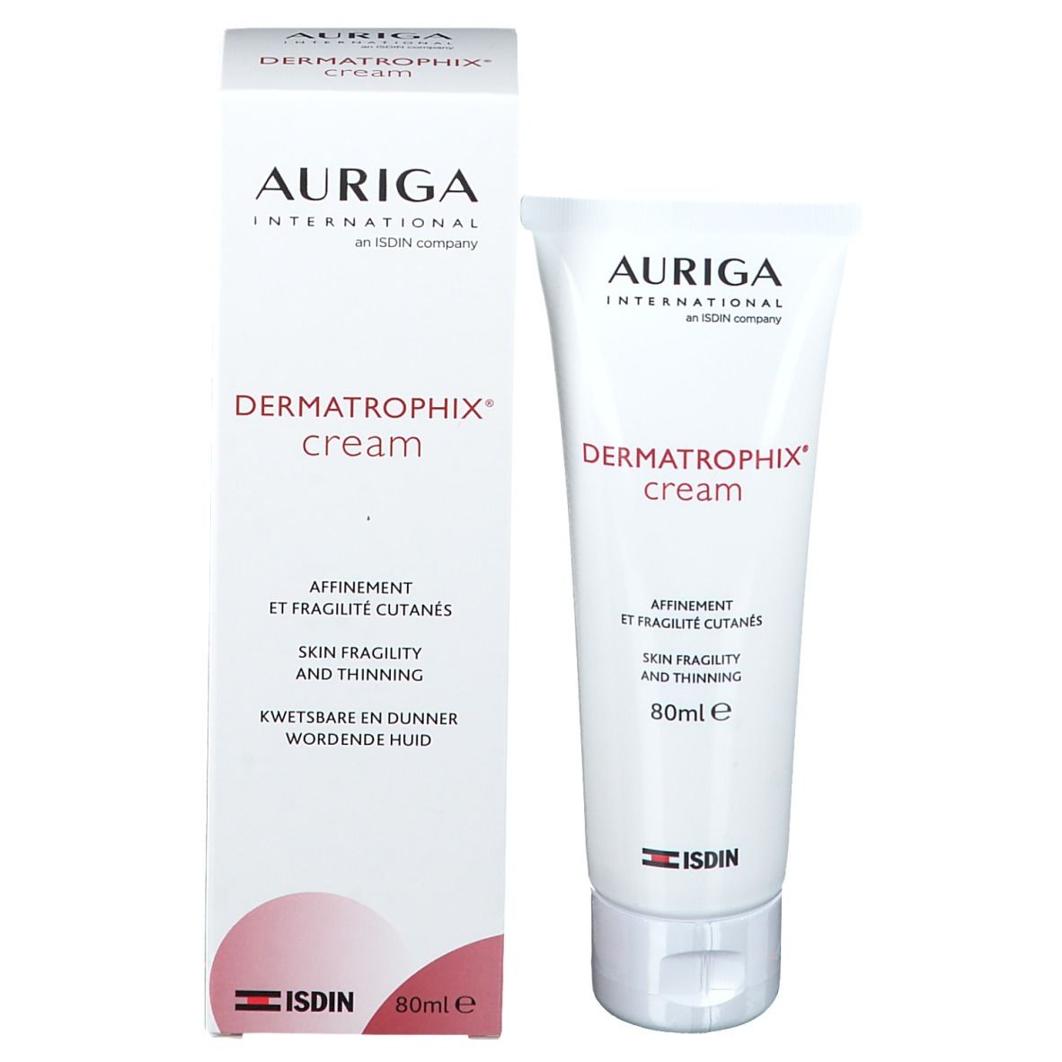 Emballage: boîte et tube. 'Dermatrophix cream'. Marque Auriga International. Contient 80ml. Logo ISDIN.