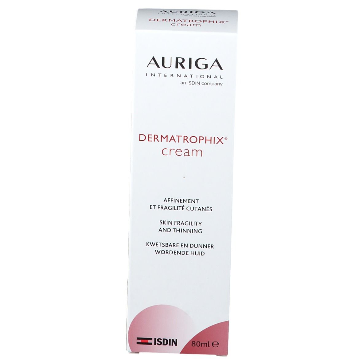 Emballage: boîte blanche 'Dermatrophix cream'. Marque Auriga International. Contient 80ml. Logo ISDIN.