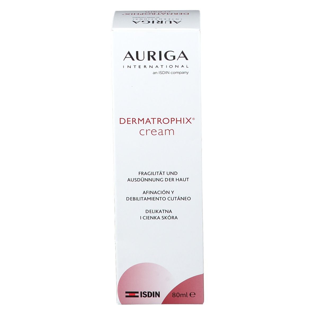 Emballage. 'Dermatrophix cream'. Marque Auriga International. Informations sur l'utilisation.