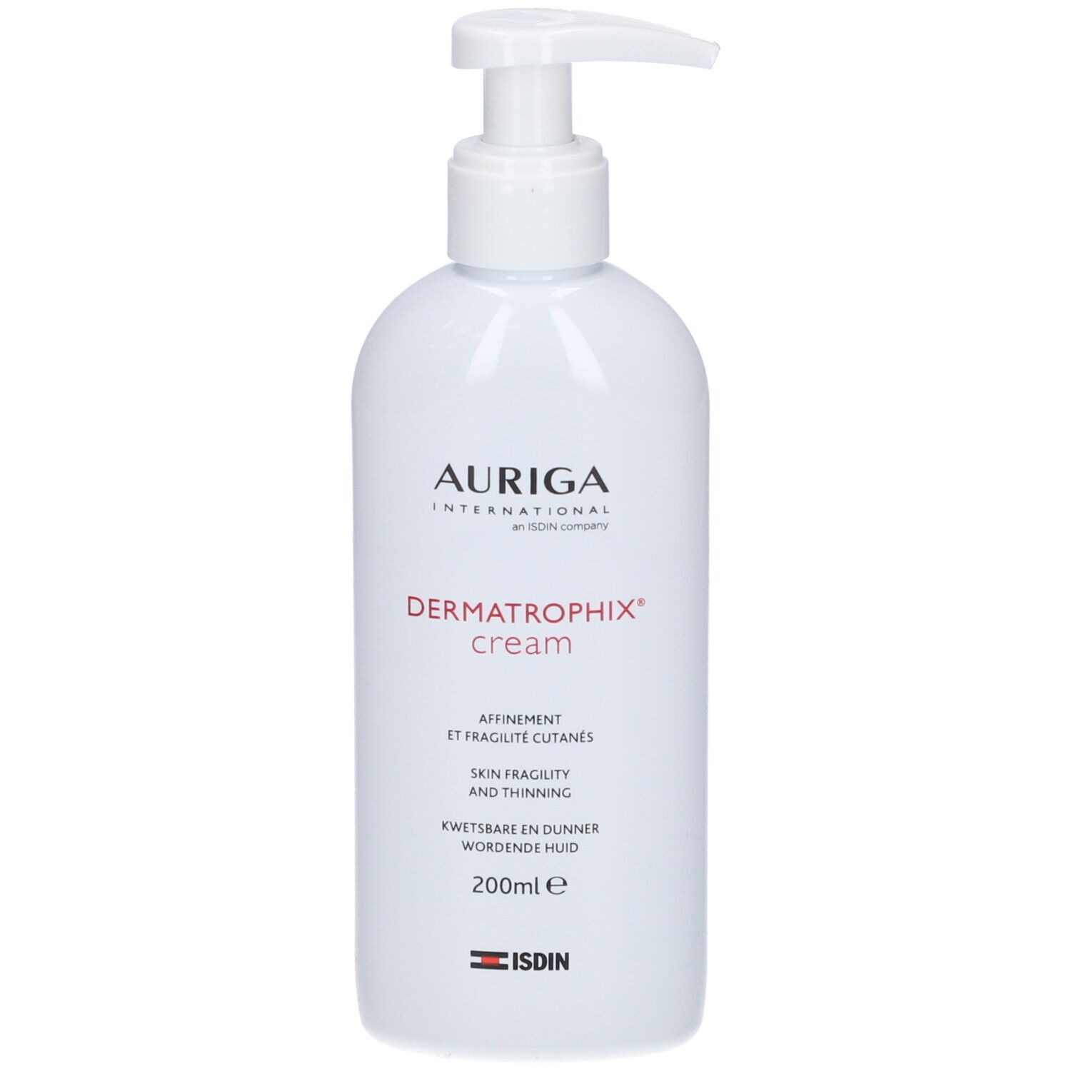 Flacon blanc avec pompe. Inscription: AURIGA INTERNATIONAL, Dermatrophix cream, 200ml. Logo ISDIN.