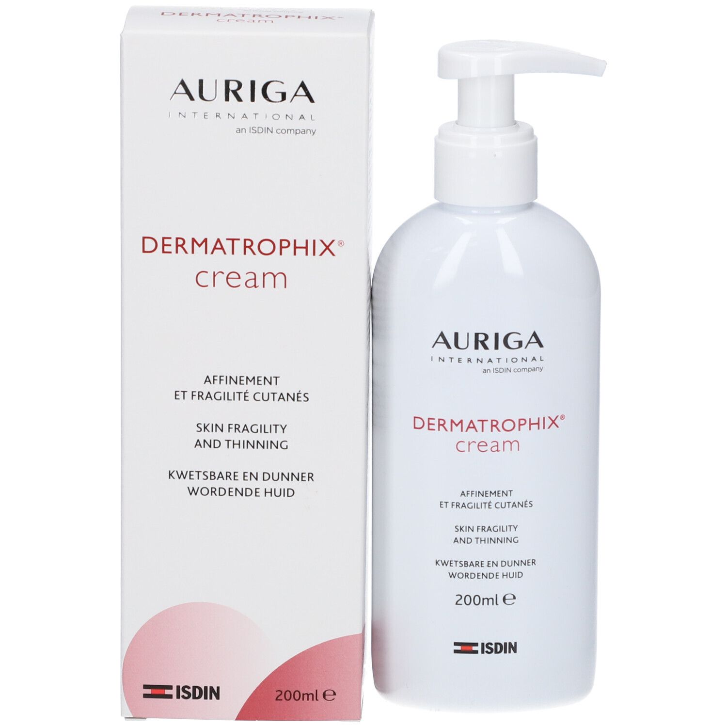 Emballage du produit avec flacon. Inscription: AURIGA INTERNATIONAL, Dermatrophix cream, 200ml. Logo ISDIN.