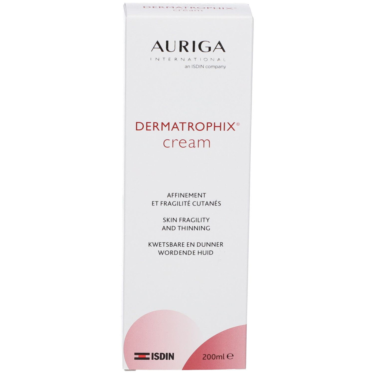 Emballage blanc du produit. Inscription: AURIGA INTERNATIONAL, Dermatrophix cream, 200ml. Logo ISDIN.