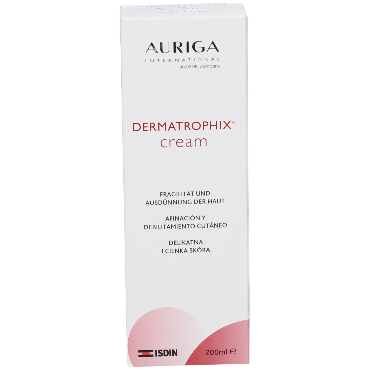 Emballage du produit. Inscription: AURIGA INTERNATIONAL, Dermatrophix cream, 200ml. Logo ISDIN.