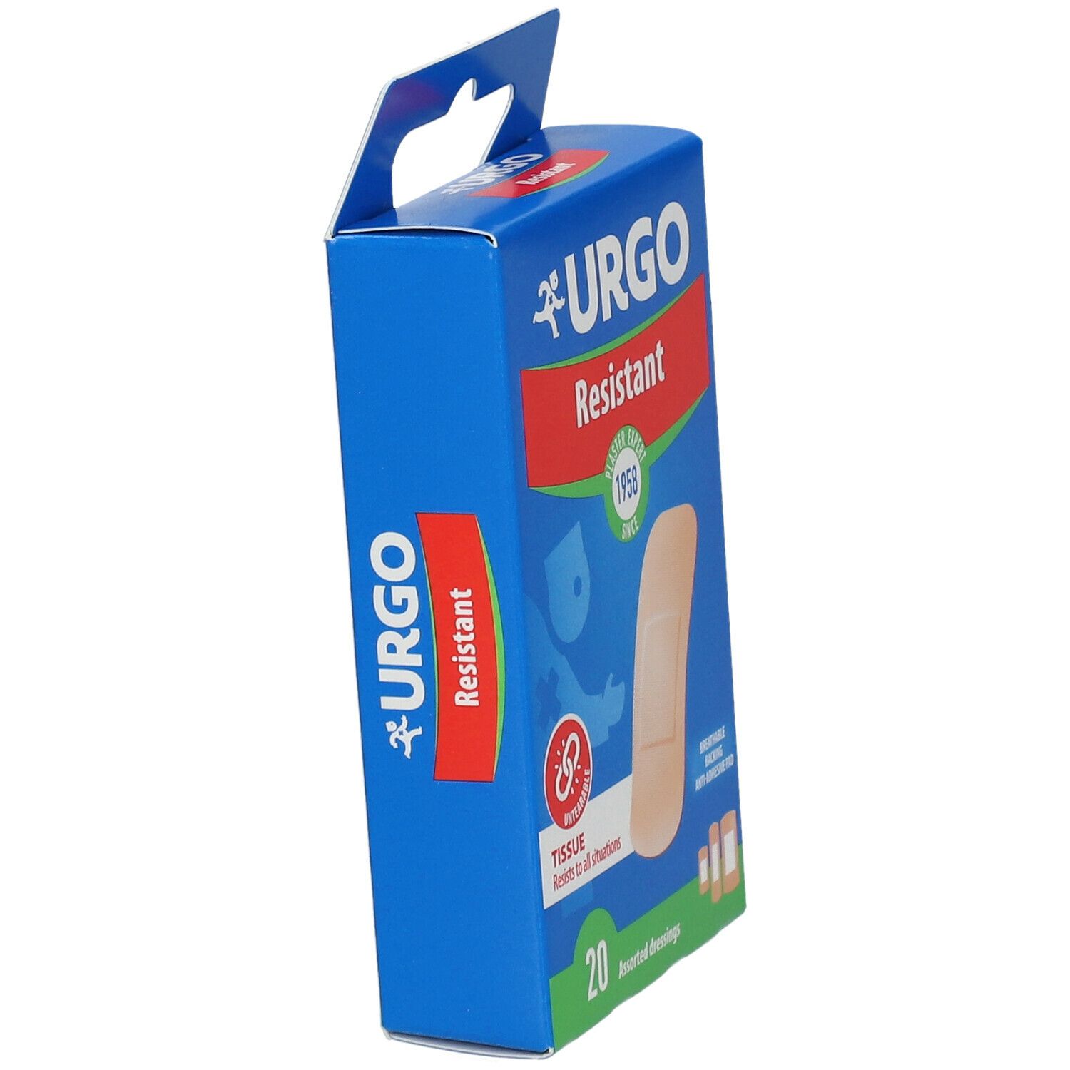 Blauwe doos met pleisters. Opschrift: URGO Resistant. Bevat 20 pleisters. Zijaanzicht met pleisterafbeelding.