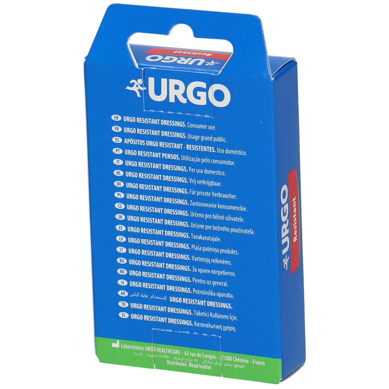 Blauwe doos met tekst in verschillende talen. Opschrift: URGO Resistant. Achterkant van de verpakking.