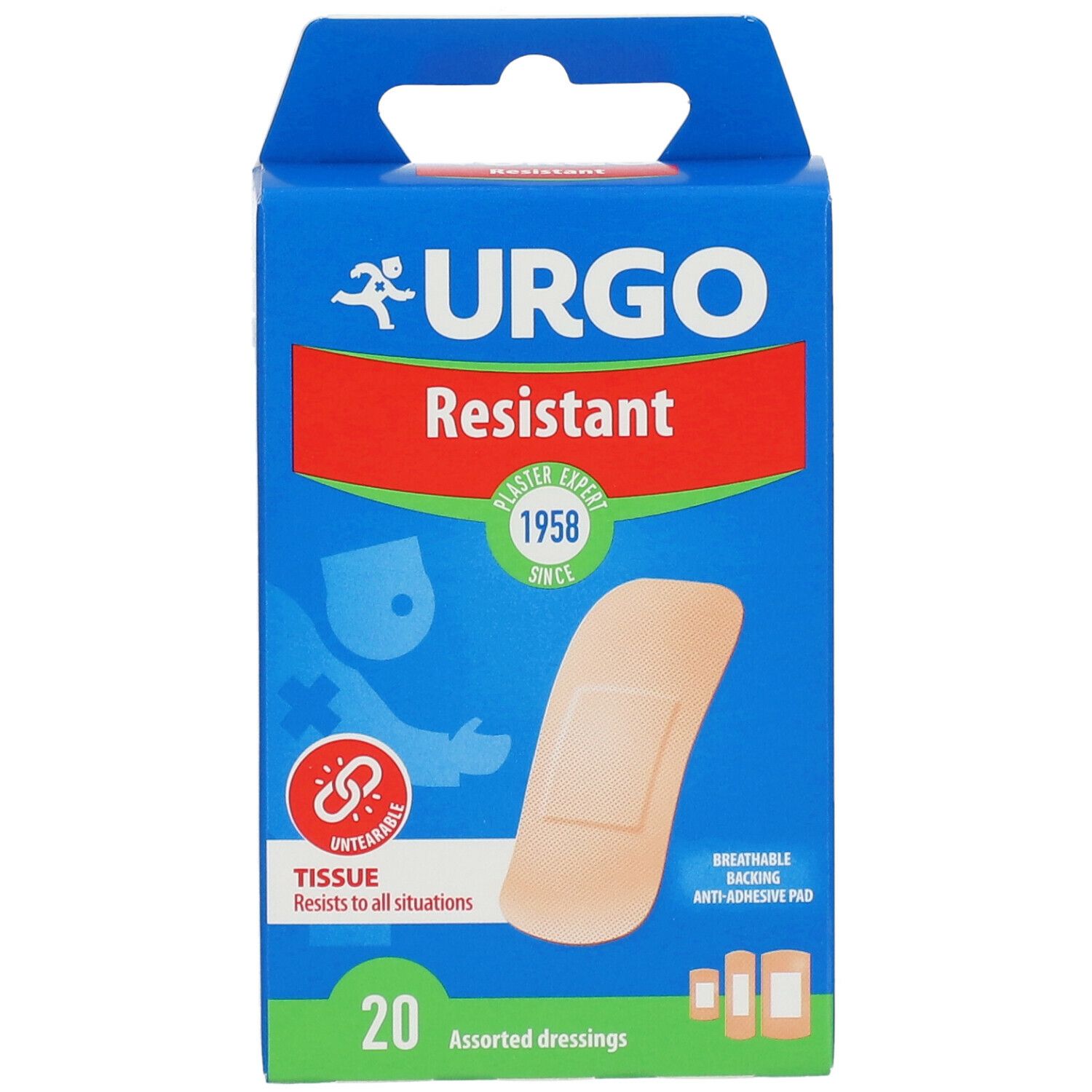 Blauwe doos met pleisters. Opschrift: URGO Resistant. Bevat 20 pleisters. Afbeelding van een pleister.