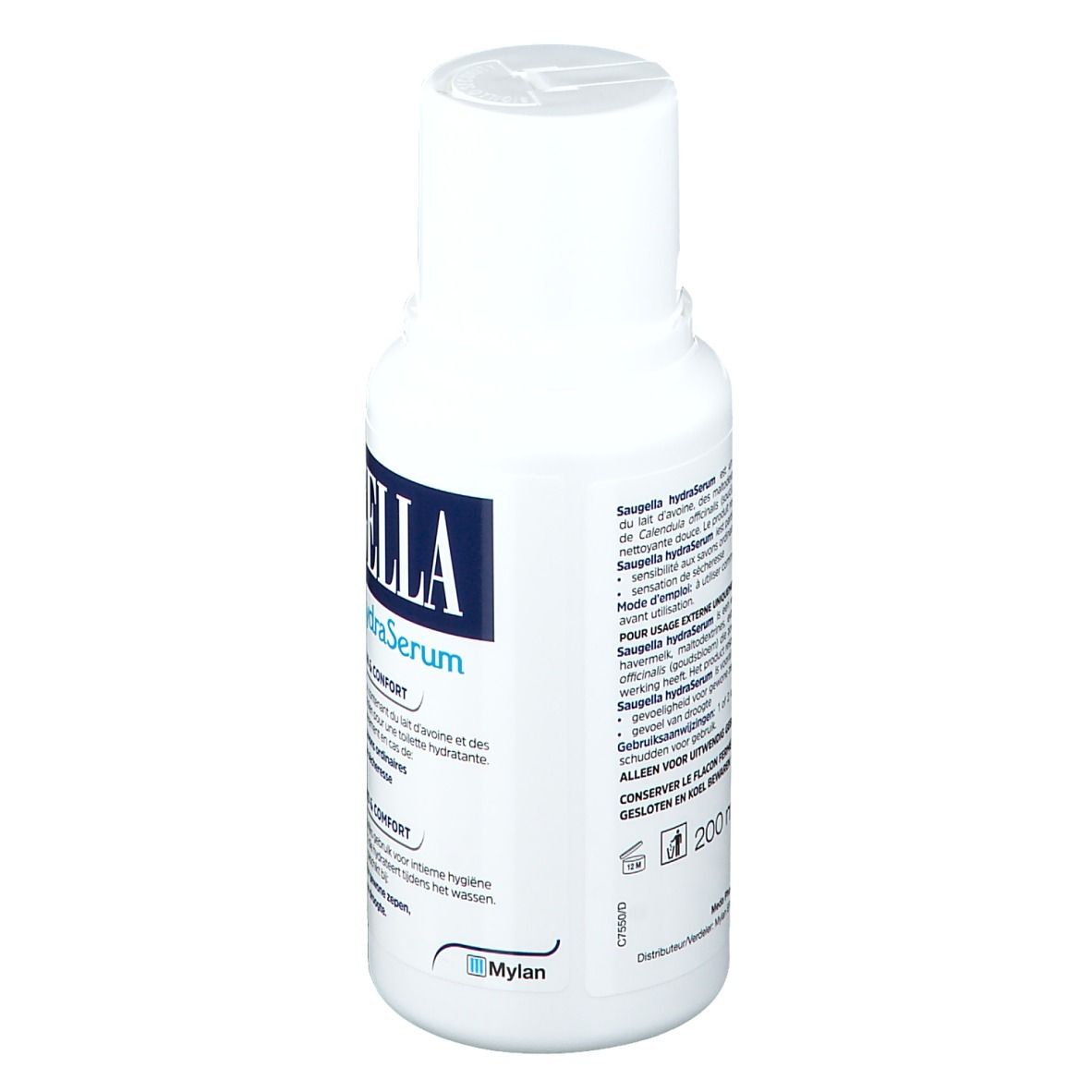 Witte fles met blauw etiket. Opschrift Saugella hydraSerum. Tekst in meerdere talen. 200 ml.
