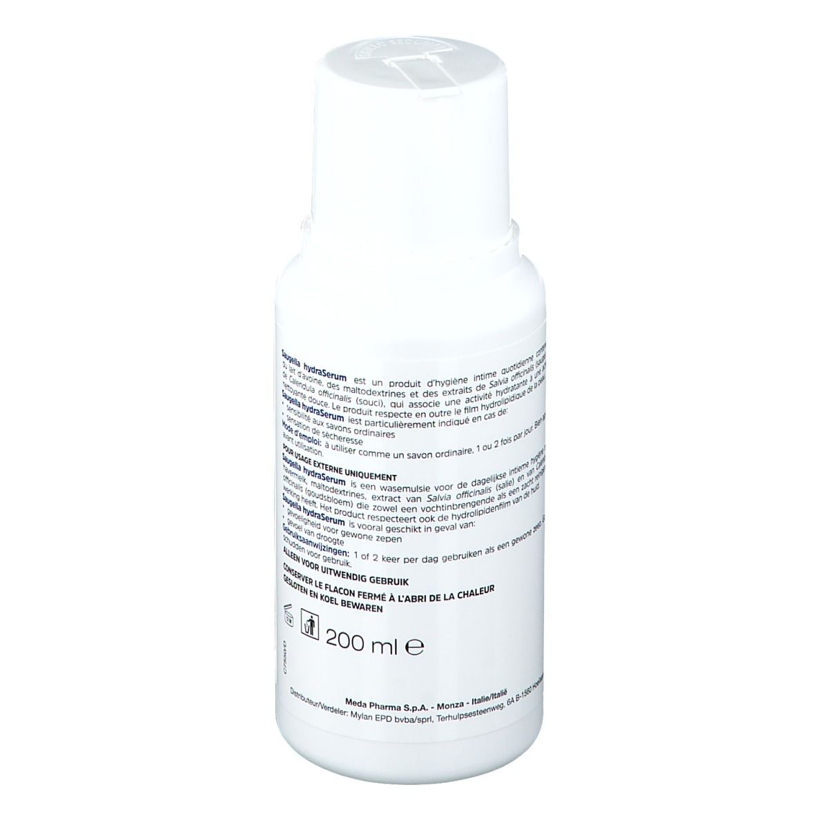 Witte fles met blauw etiket. Opschrift Saugella hydraSerum. Tekst in meerdere talen. 200 ml.