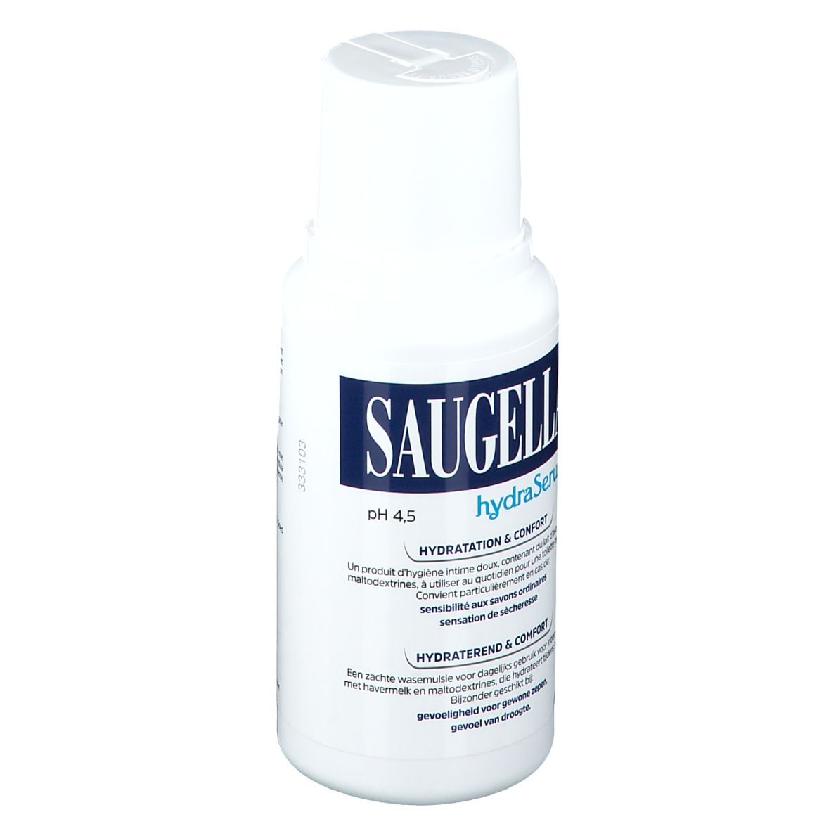 Witte fles met blauw etiket. Opschrift Saugella hydraSerum. pH 4.5. Tekst in meerdere talen.