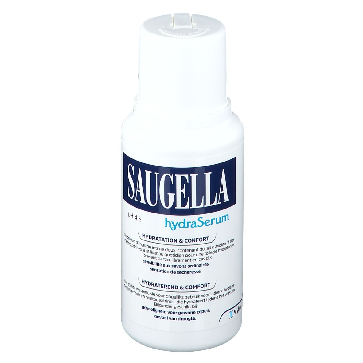 Witte fles met blauw etiket. Opschrift Saugella hydraSerum. pH 4.5. Tekst in meerdere talen.