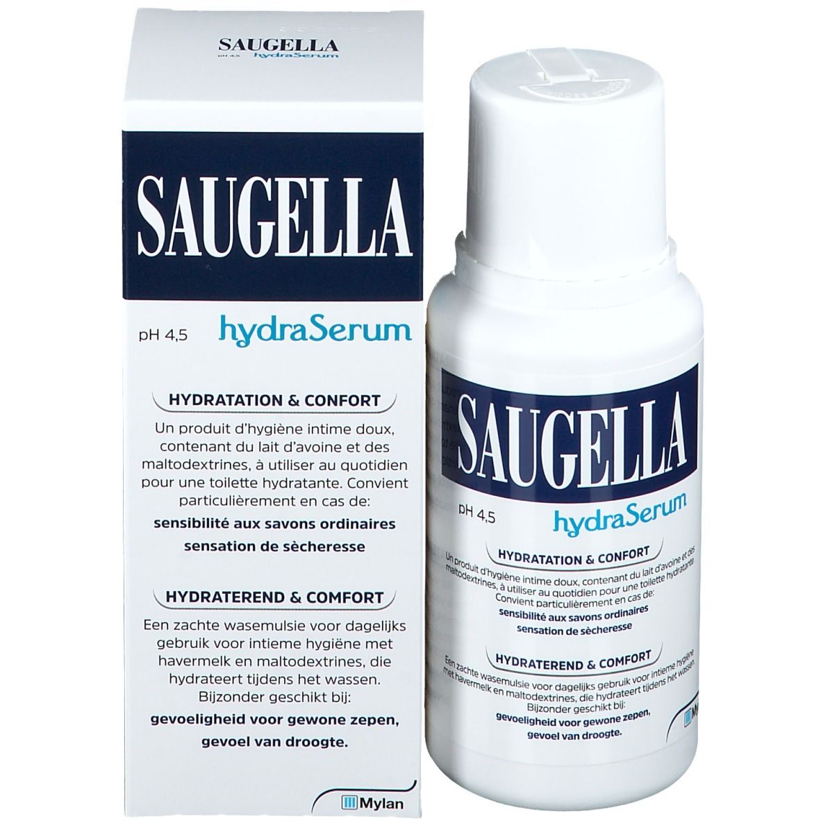 Product Saugella hydraSerum en verpakking. Witte fles en doos met blauw etiket. Tekst in meerdere talen.