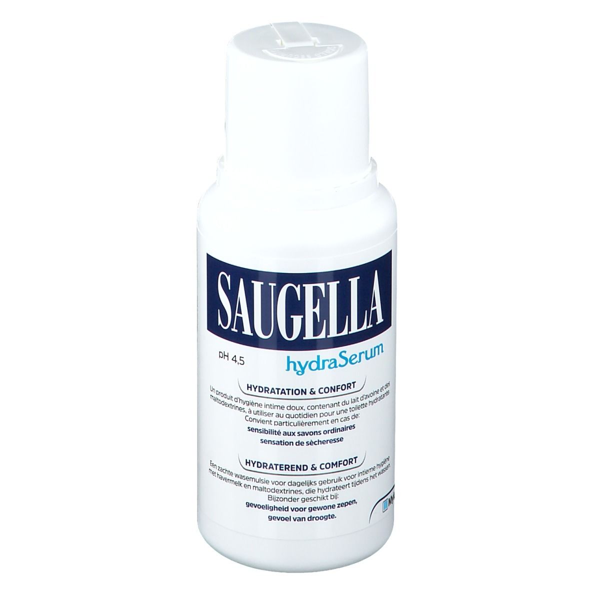 Witte fles met blauw etiket. Opschrift Saugella hydraSerum. pH 4.5. Tekst in meerdere talen.