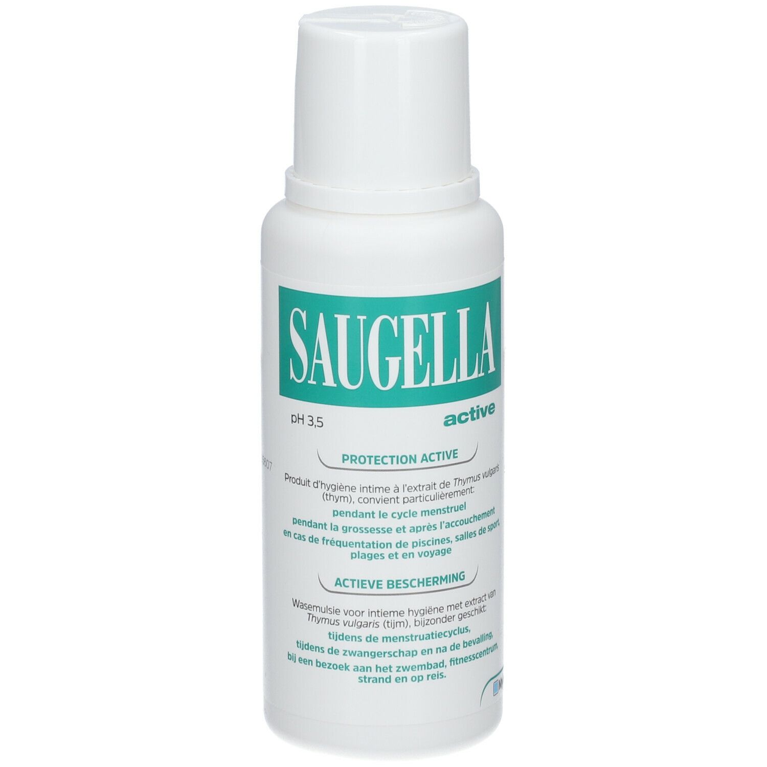 SAUGELLA pH 3,5 active. Flacon blanc avec étiquette verte. Produit pour l'hygiène intime.