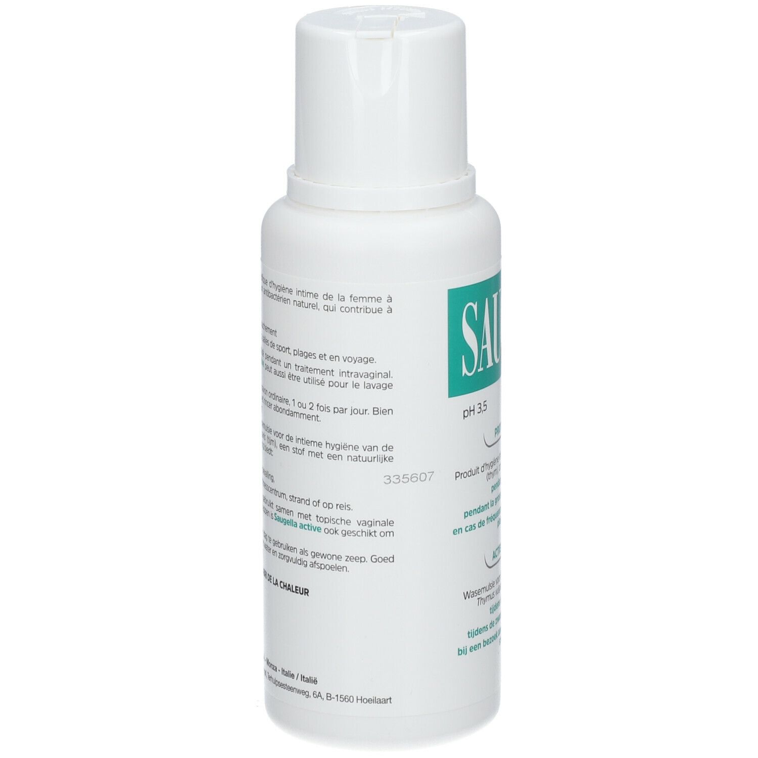 SAUGELLA pH 3,5 active. Flacon blanc avec étiquette verte. Produit pour l'hygiène intime.