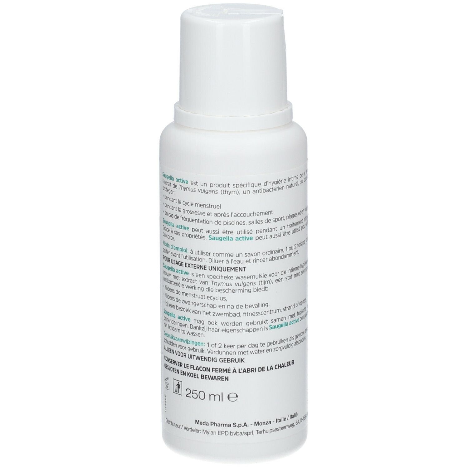 SAUGELLA pH 3,5 active. Flacon blanc avec étiquette verte. Produit pour l'hygiène intime.