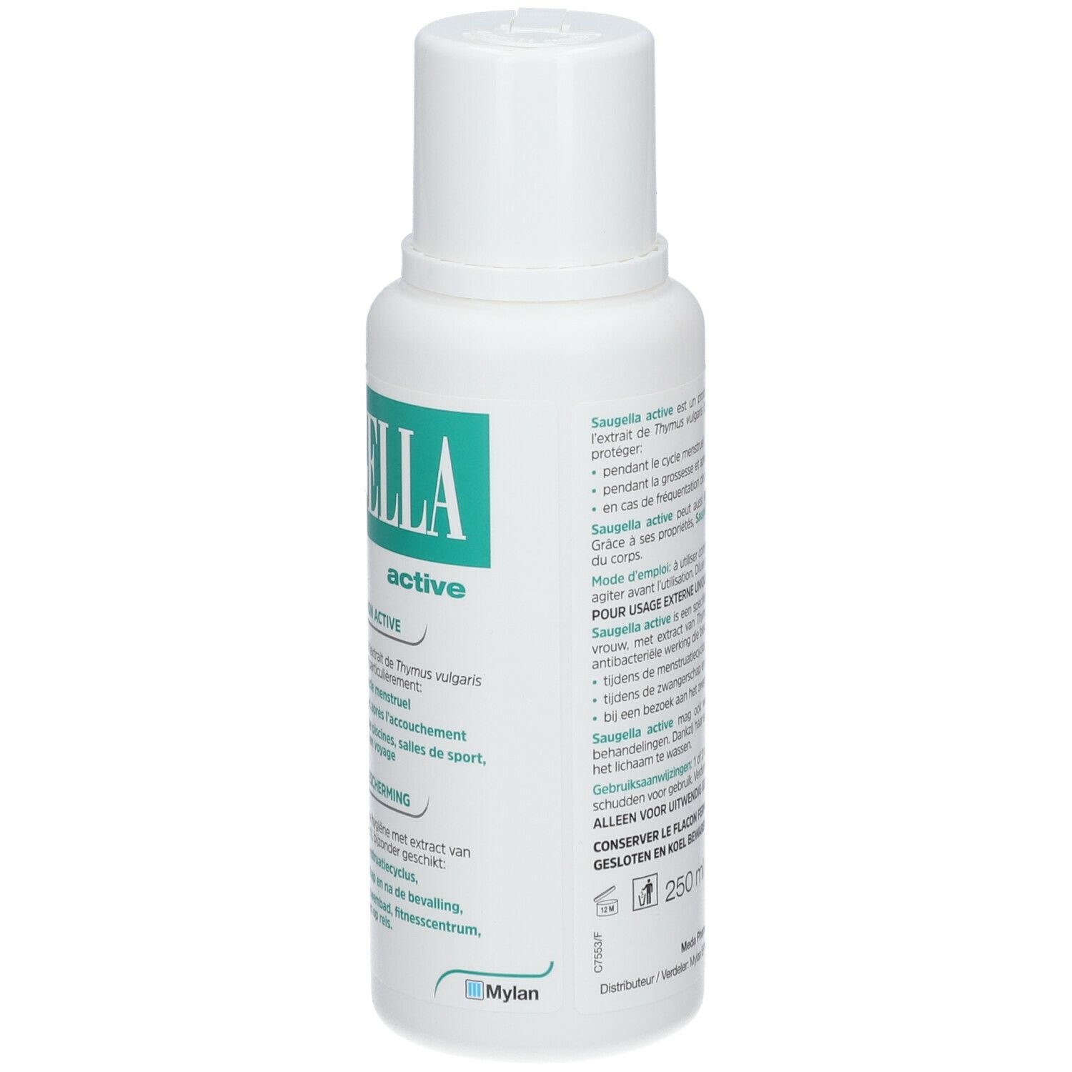 SAUGELLA pH 3,5 active. Flacon blanc avec étiquette verte. Produit pour l'hygiène intime.