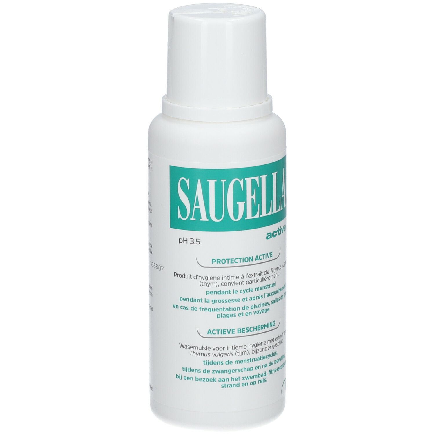 SAUGELLA pH 3,5 active. Flacon blanc avec étiquette verte. Produit pour l'hygiène intime.