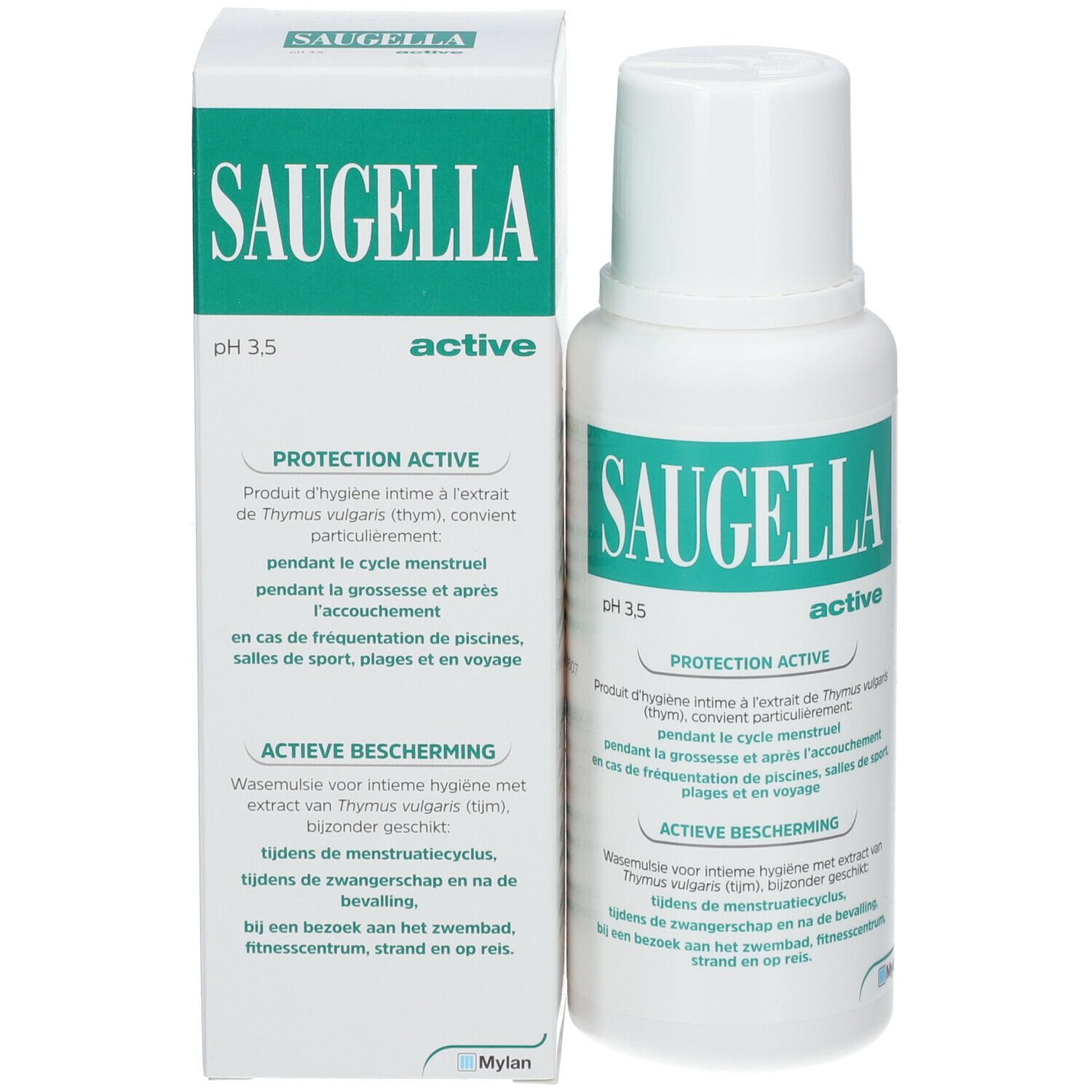 SAUGELLA pH 3,5 active. Flacon et emballage blancs avec étiquette verte. Hygiène intime.