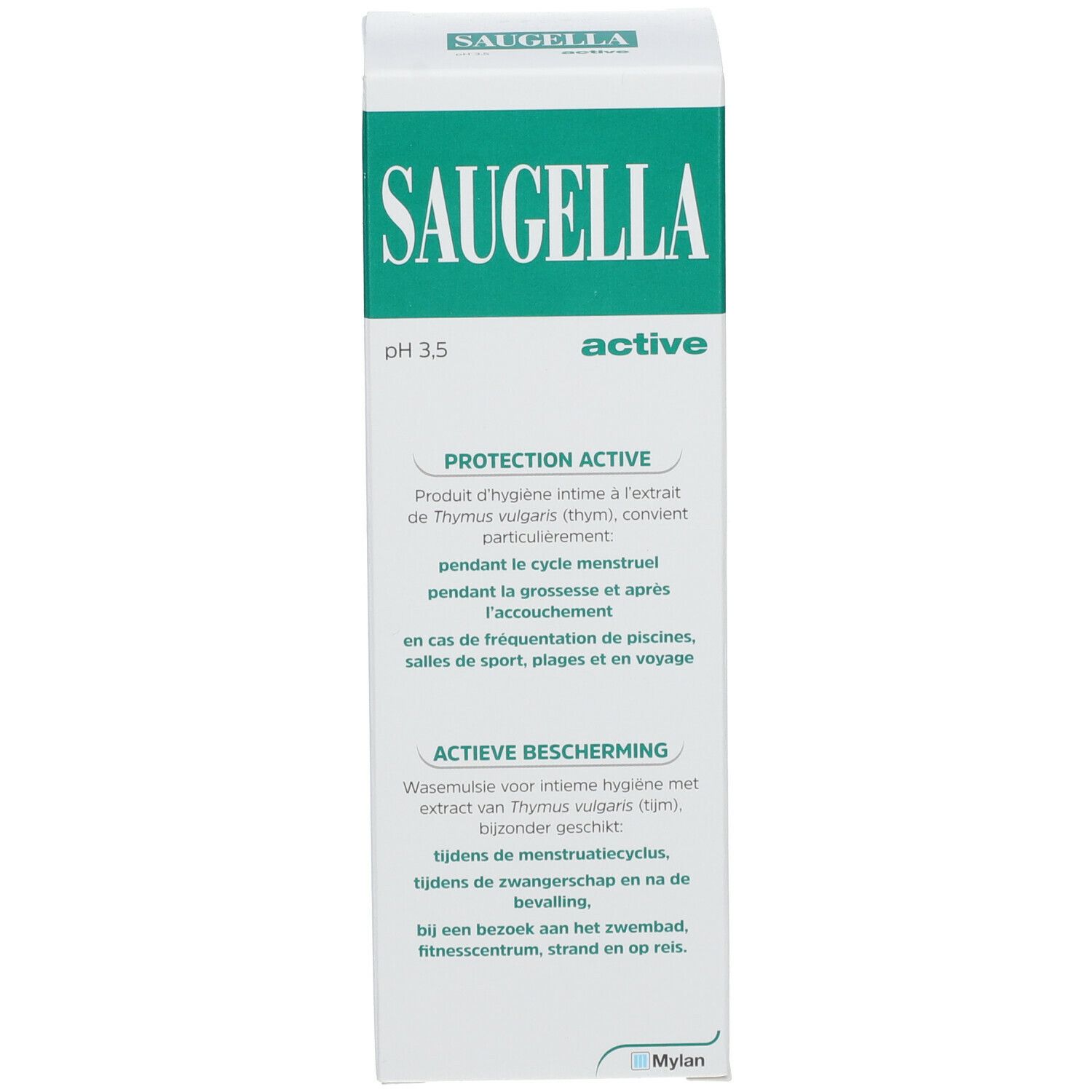 SAUGELLA pH 3,5 active. Emballage blanc avec étiquette verte. Produit pour l'hygiène intime.