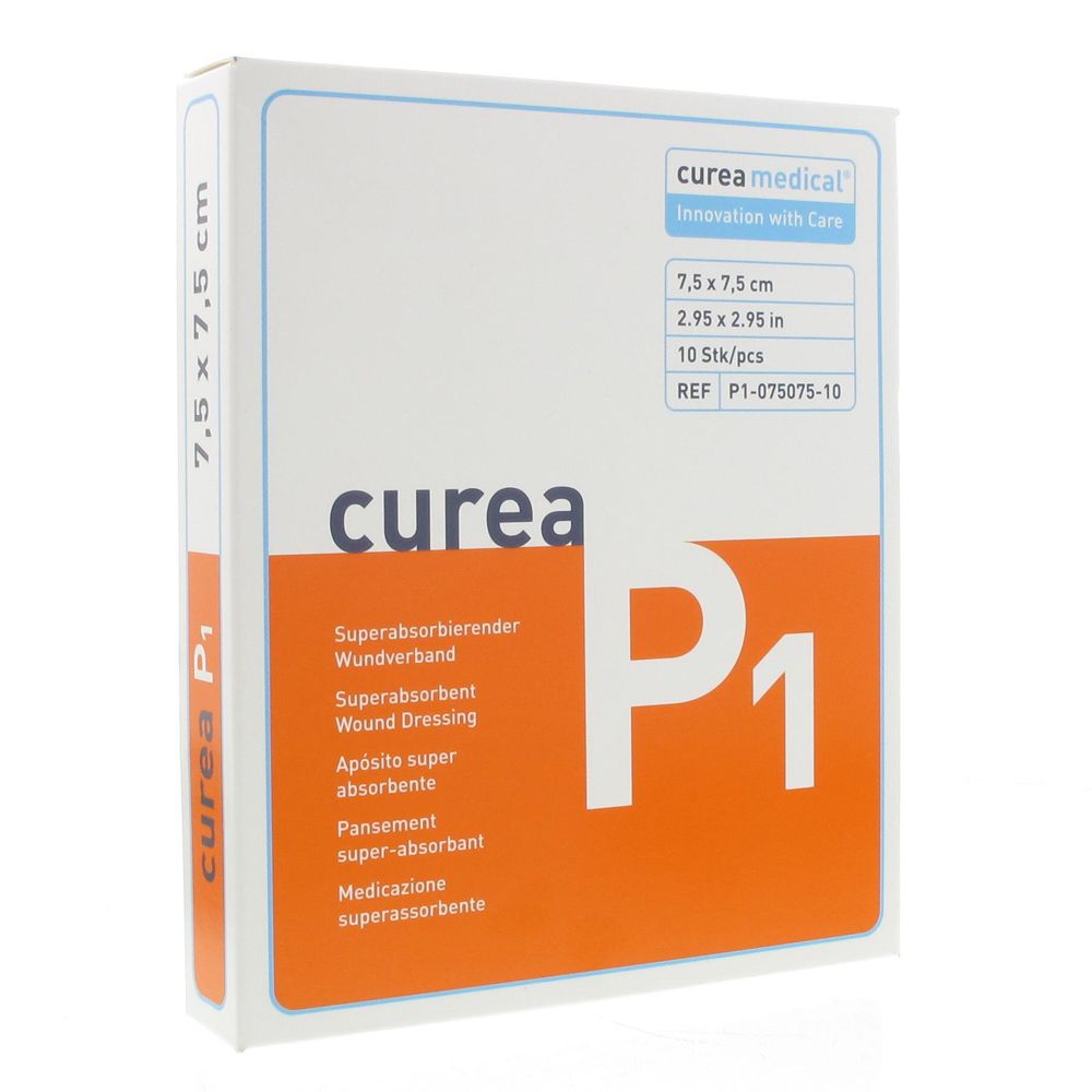 Emballage Curea P1, 7,5 x 7,5 cm. Pansement super-absorbant. Boîte blanche avec section orange.