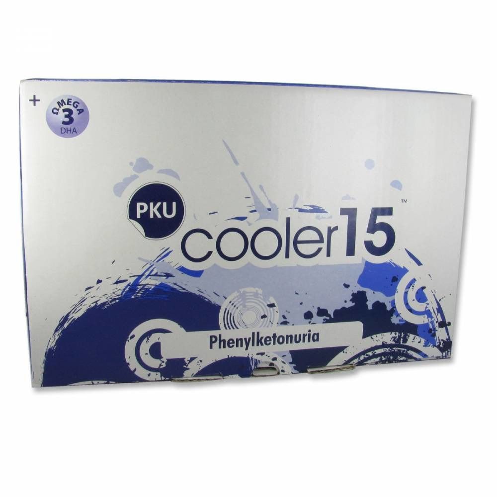 Emballage avec 'PKU cooler 15'. Texte 'Phenylcétonurie'. Logo avec Omega 3 DHA.