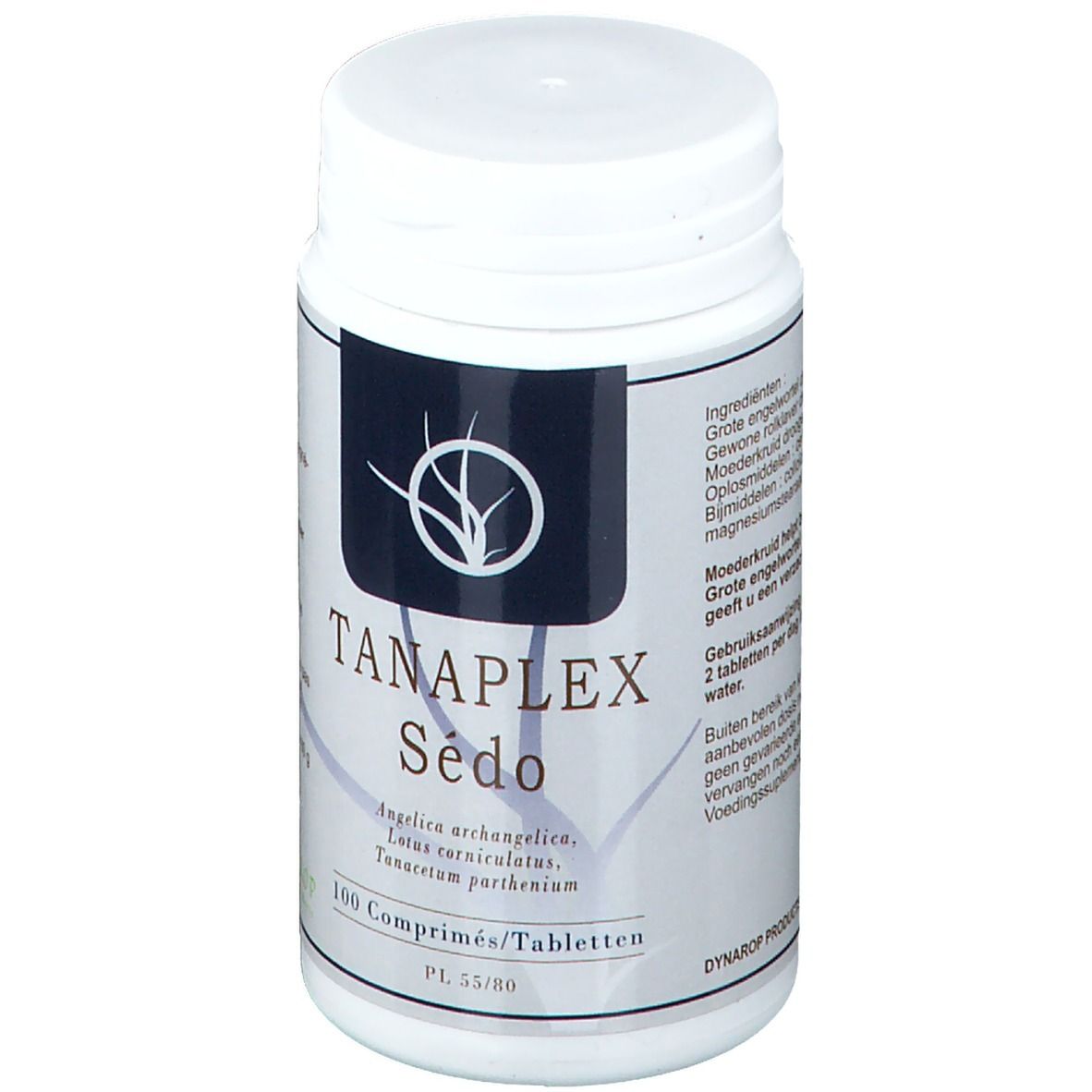 Flacon blanc avec étiquette noire. Inscription: TANAPLEX Sédo, 100 comprimés. Noms botaniques.