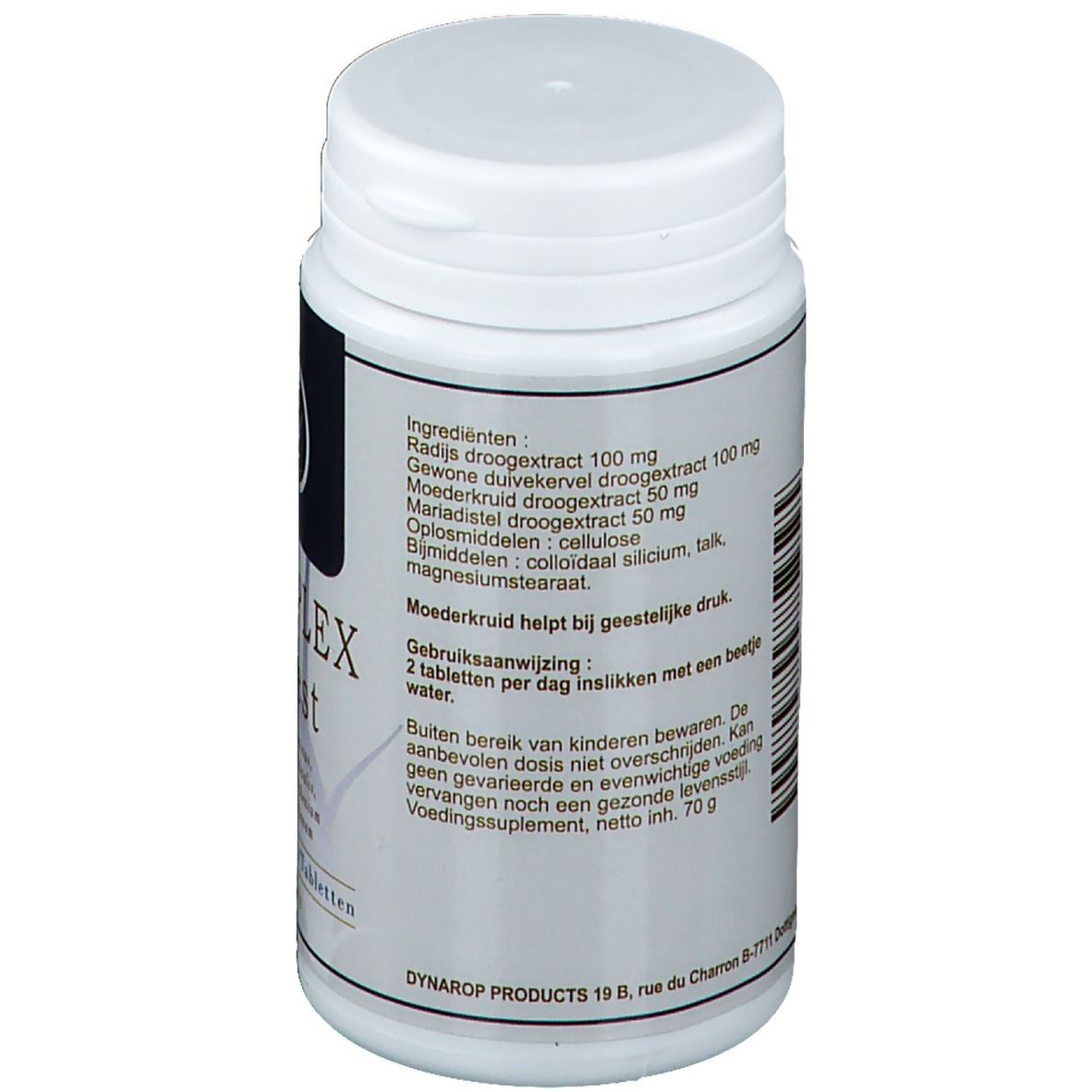 Achterkant van de tablettenfles met ingrediënten en gebruiksaanwijzing. Bevat Radijs droogextract, etc. 2 tabletten per dag.