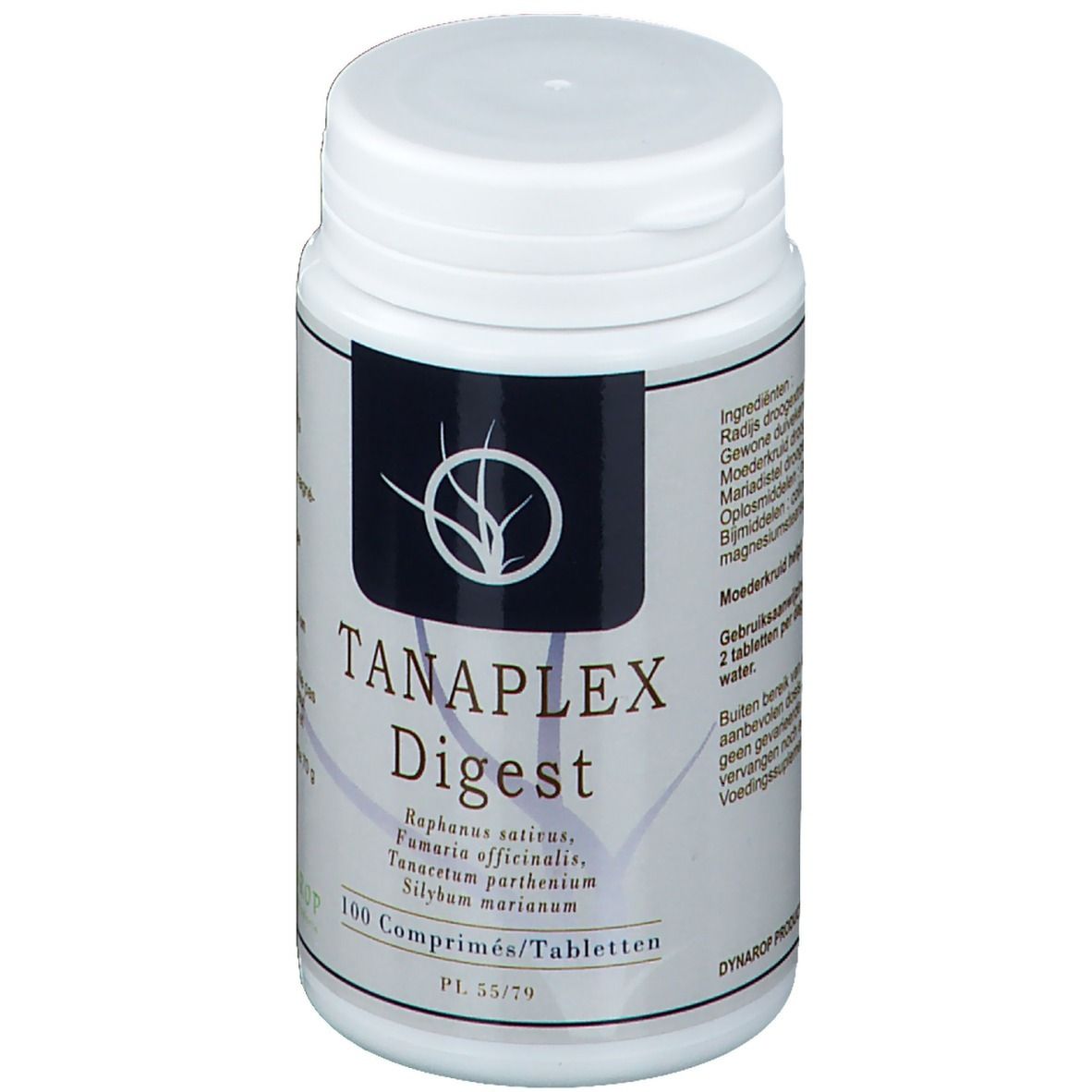 Witte tablettenfles met opschrift TANAPLEX Digest. Bevat 100 tabletten. Plantenextracten staan vermeld.