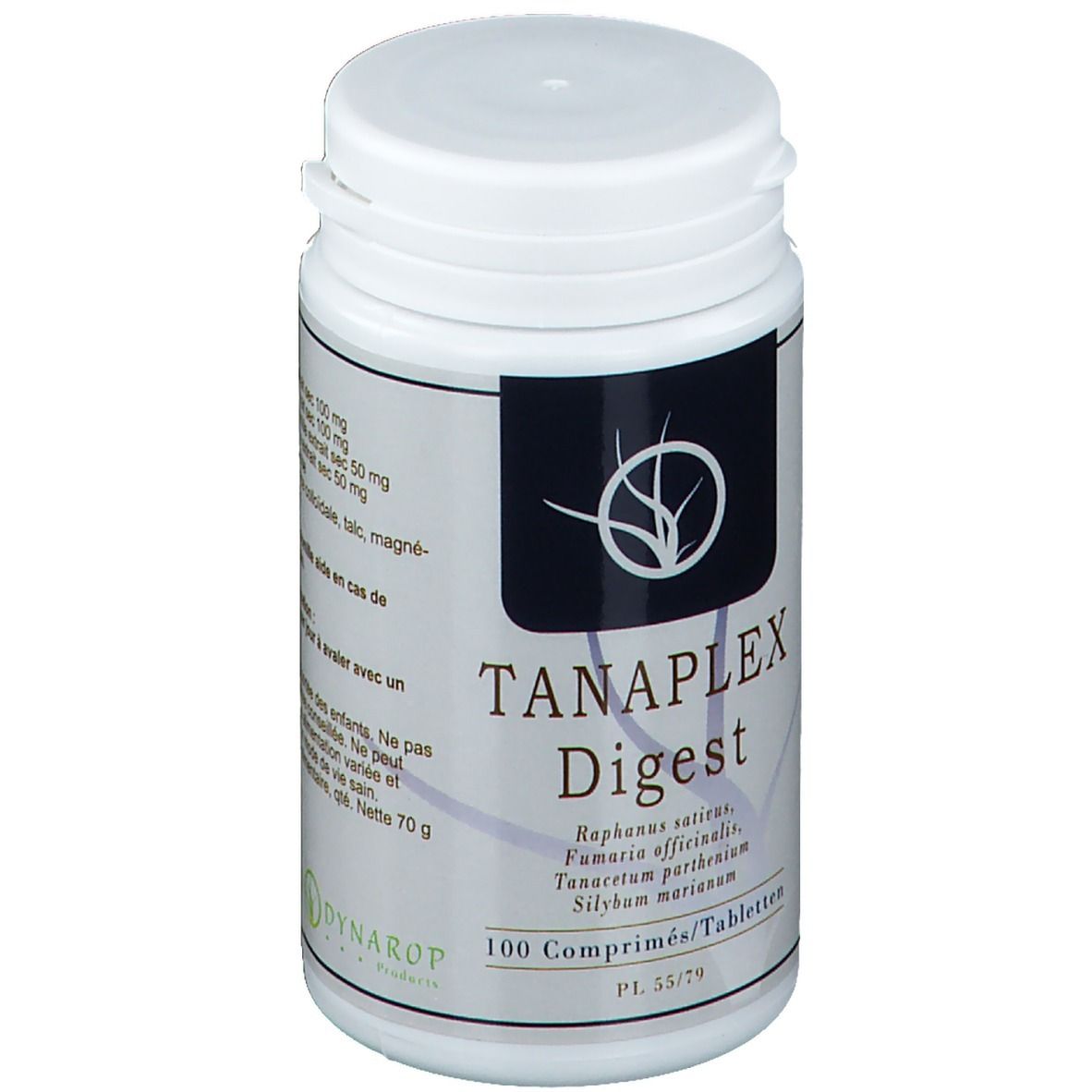 Witte tablettenfles met opschrift TANAPLEX Digest. Bevat 100 tabletten. Plantenextracten staan vermeld.
