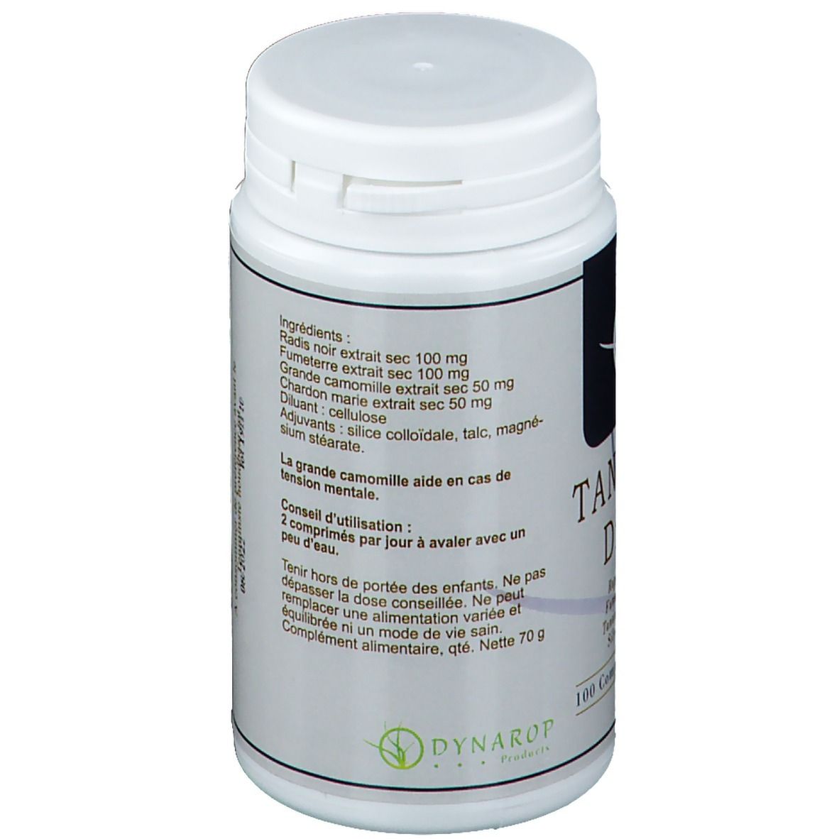 Achterkant van de tablettenfles met ingrediënten en gebruiksaanwijzing. Bevat Radis noir extrait sec, etc. 2 tabletten per dag.