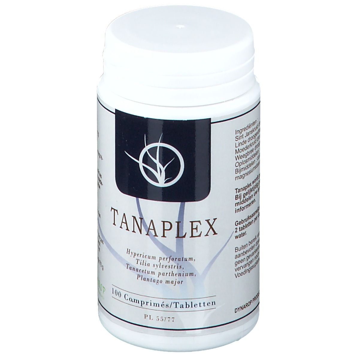 Witte tablettenfles met zwart etiket. Opschrift: TANAPLEX, 100 tabletten. Plantenextracten staan vermeld.