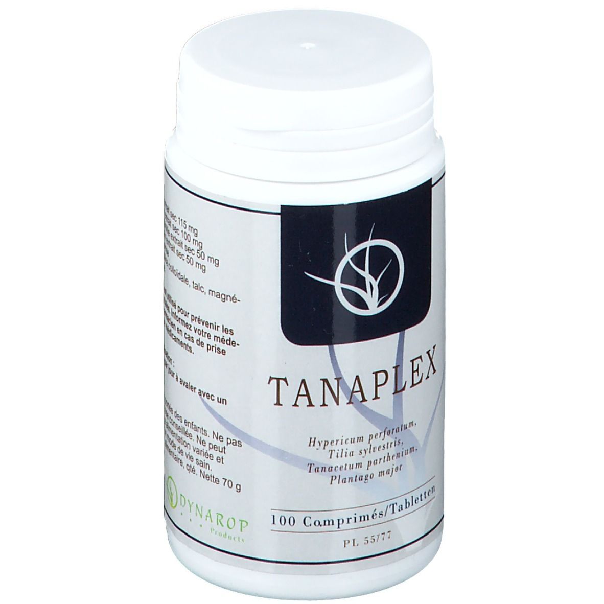 Witte tablettenfles met zwart etiket. Opschrift: TANAPLEX, 100 tabletten. Plantenextracten staan vermeld.