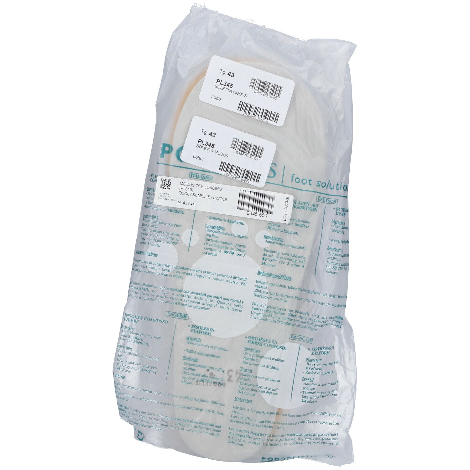 Emballage transparent contenant deux semelles. Étiquettes avec informations produit. "Modus Off Loading Semelle" et "PL345" visibles.