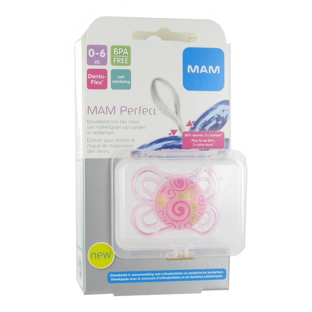 Sucette rose dans un étui transparent. Emballage avec logo MAM, sans BPA, 0-6m. Inscription : Perfect.