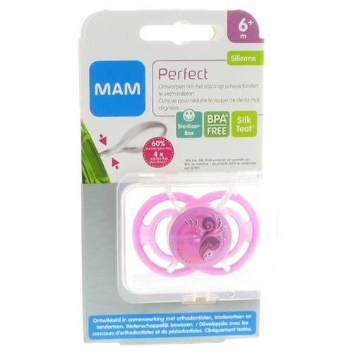 Sucette rose MAM Perfect, 6+ mois, en boîte stérilisable. Sans BPA. Tétine en silicone.