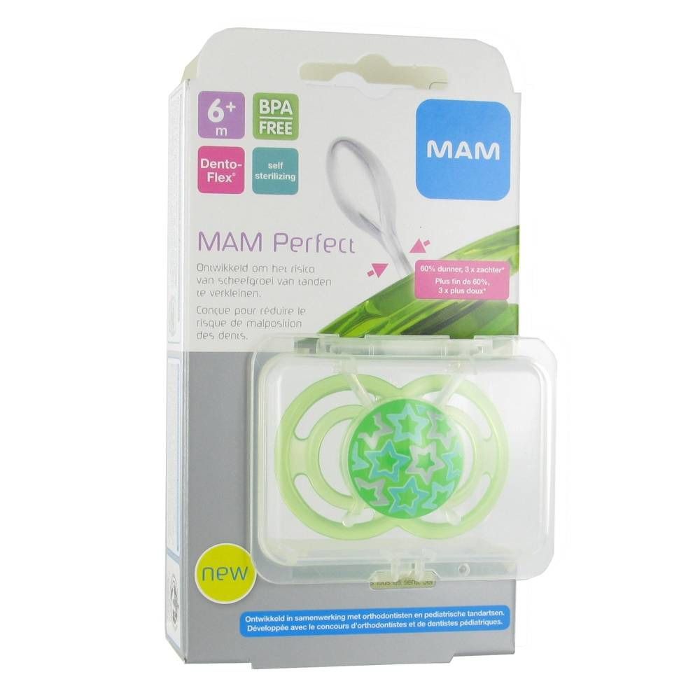 Sucette verte MAM Perfect, 6+ mois, en boîte. Sans BPA. Dento-Flex. Auto-stérilisante.