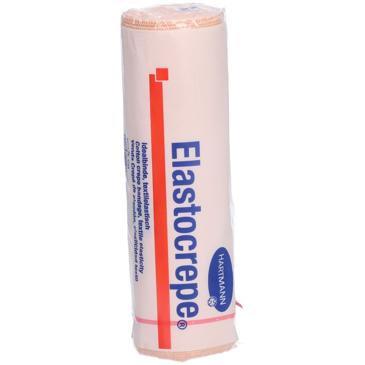 Elastocrepe®-Bandage, gerollt. Verpackung mit Produktnamen und Hartmann-Logo. Beige-farbenes Material.