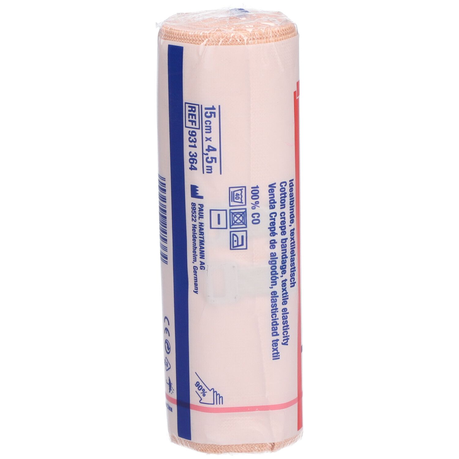 Elastocrepe®-Bandage, gerollt. Aufdruck mit Größenangabe 15 cm x 4,5 m. Herstellerinformationen und CE-Kennzeichnung.