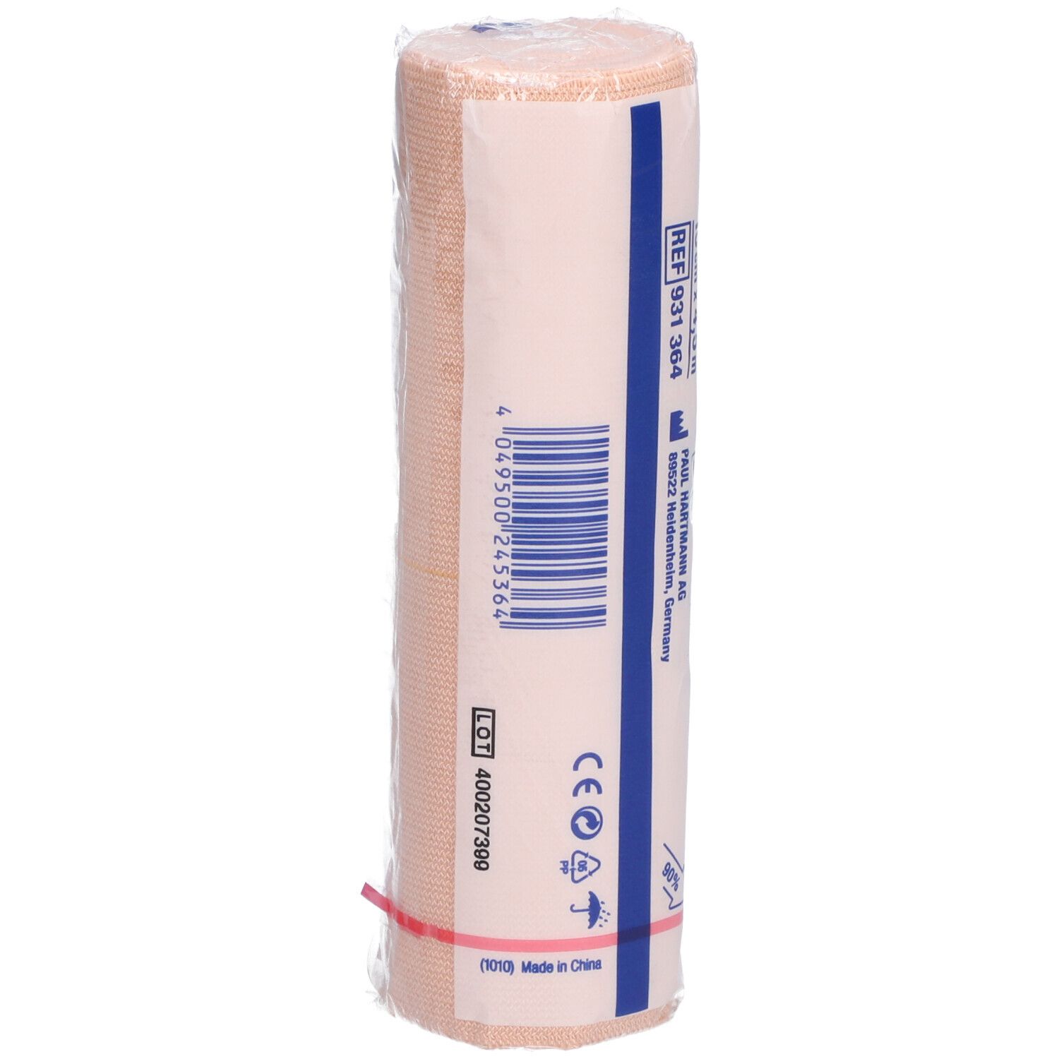 Elastocrepe®-Bandage, gerollt. Aufdruck mit Chargennummer und CE-Kennzeichnung. Herstellerinformationen.