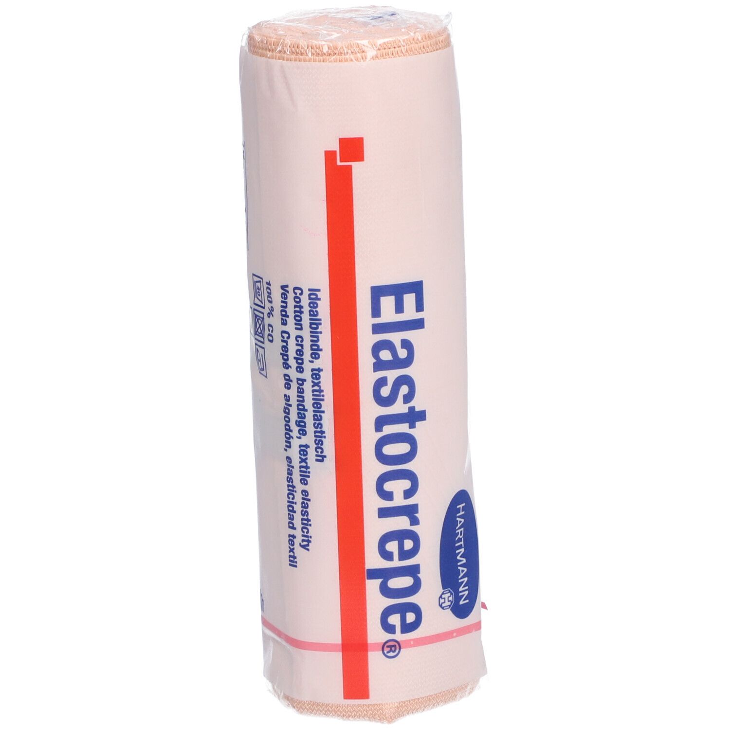Elastocrepe®-Bandage, gerollt. Verpackung mit Produktnamen und Hartmann-Logo. Beige-farbenes Material.