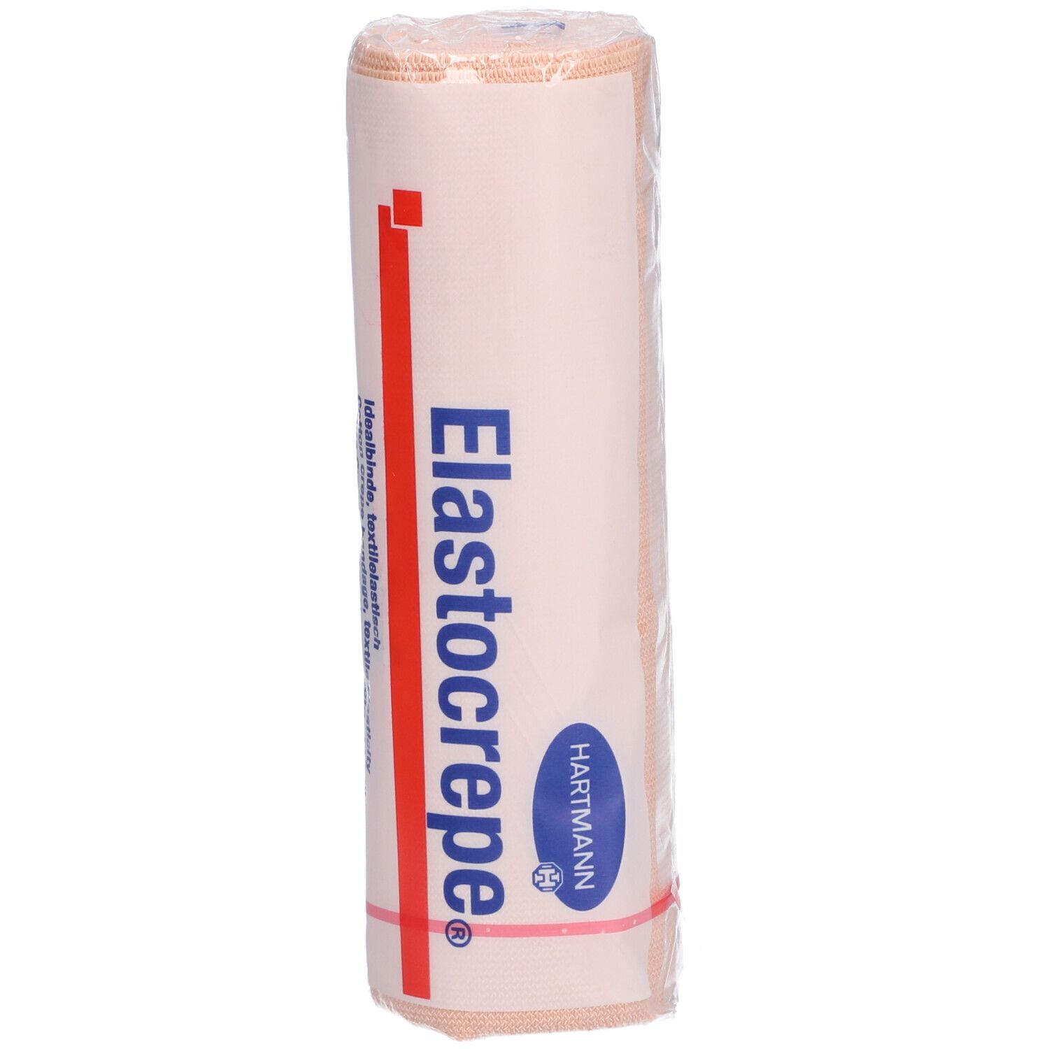 Elastocrepe®-Bandage, gerollt. Verpackung mit Produktnamen und Hartmann-Logo. Beige-farbenes Material.